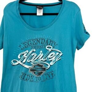 Harley Davidson Graphic 2-sided T-shirt Woman's XL Blue Cotton Spandex Biker